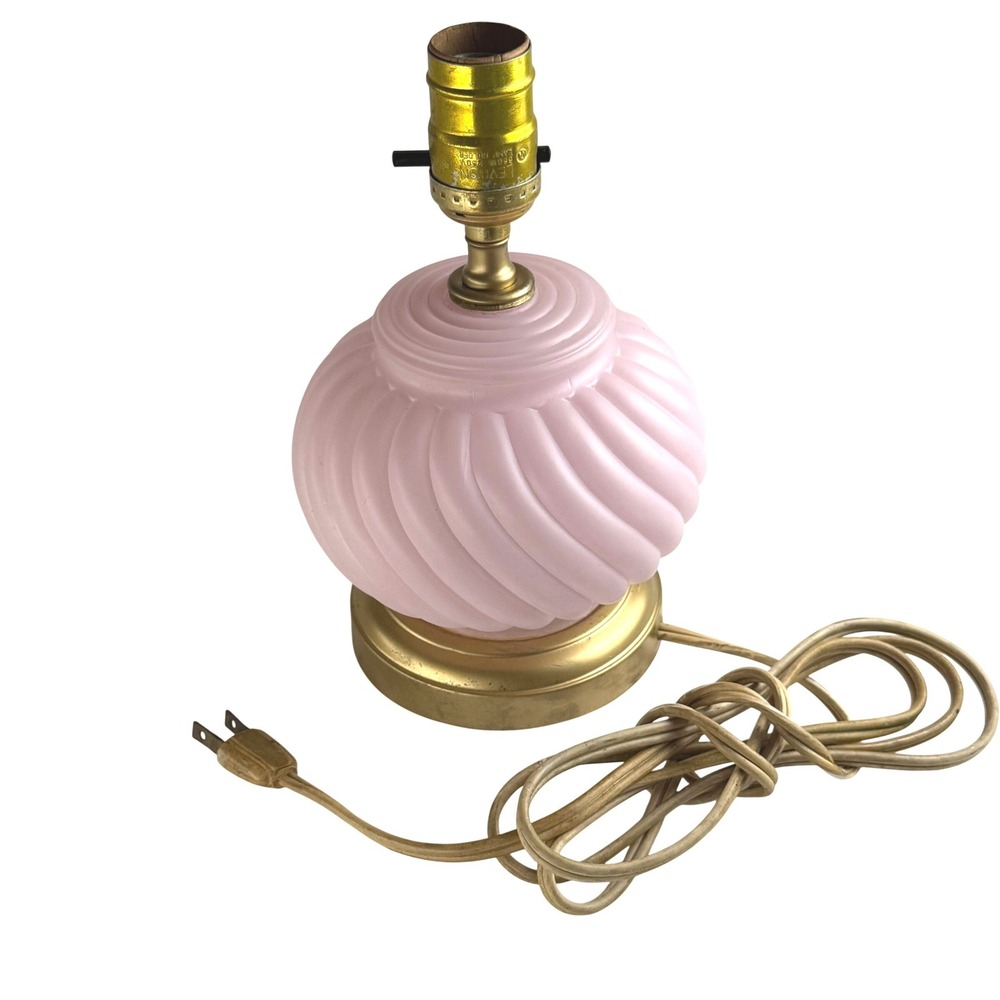 Vintage Pink Frosted Satin Glass Swirl Lamp Base Gold Tone Leviton Untested 9.5"